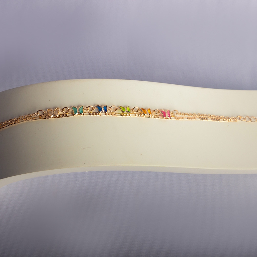 Pulseira Dupla Borboletas Coloridas Dourada Paloma