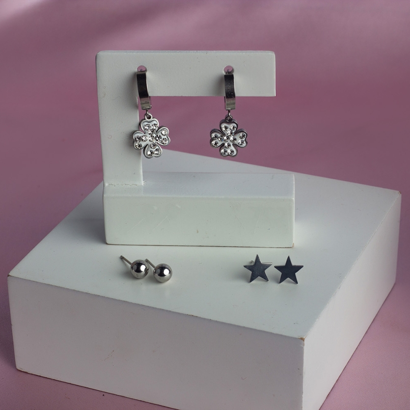 Brinco Trio Trevo Estrela Bolinha Aço Inox Carmem