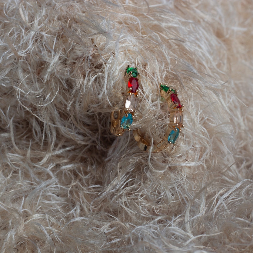 Brinco Argola Dourada Com Pedras Coloridas Tamara