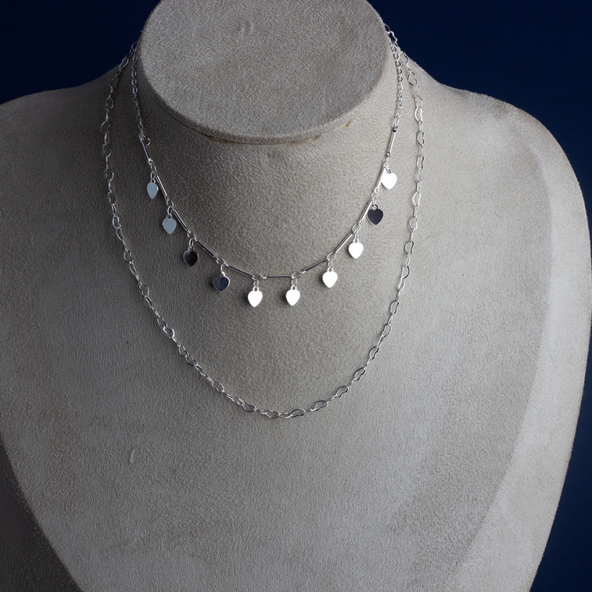 Colar Duplo Elos E Corações Prata Laís