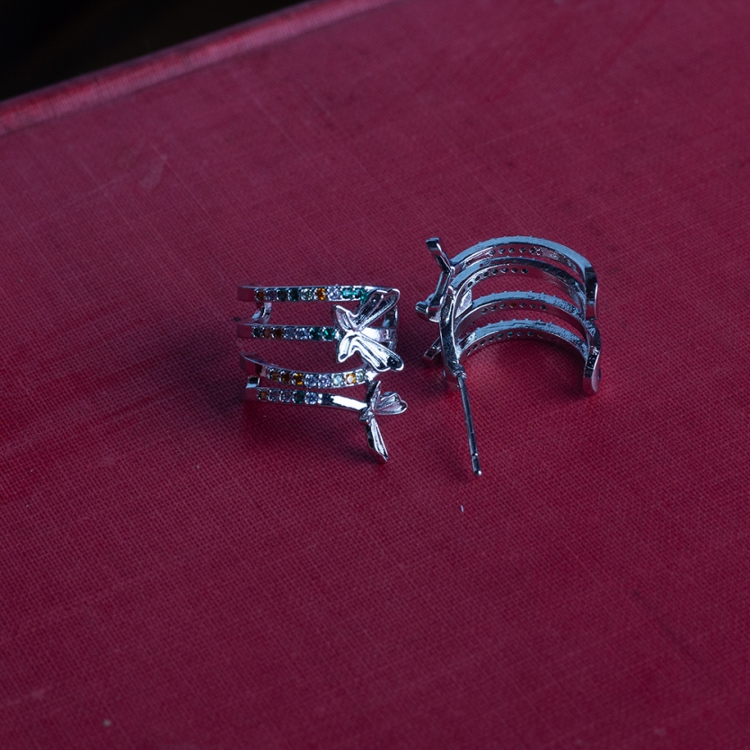 Brinco Ear Cuff Borboletas e Pedras Coloridas Prata Elis