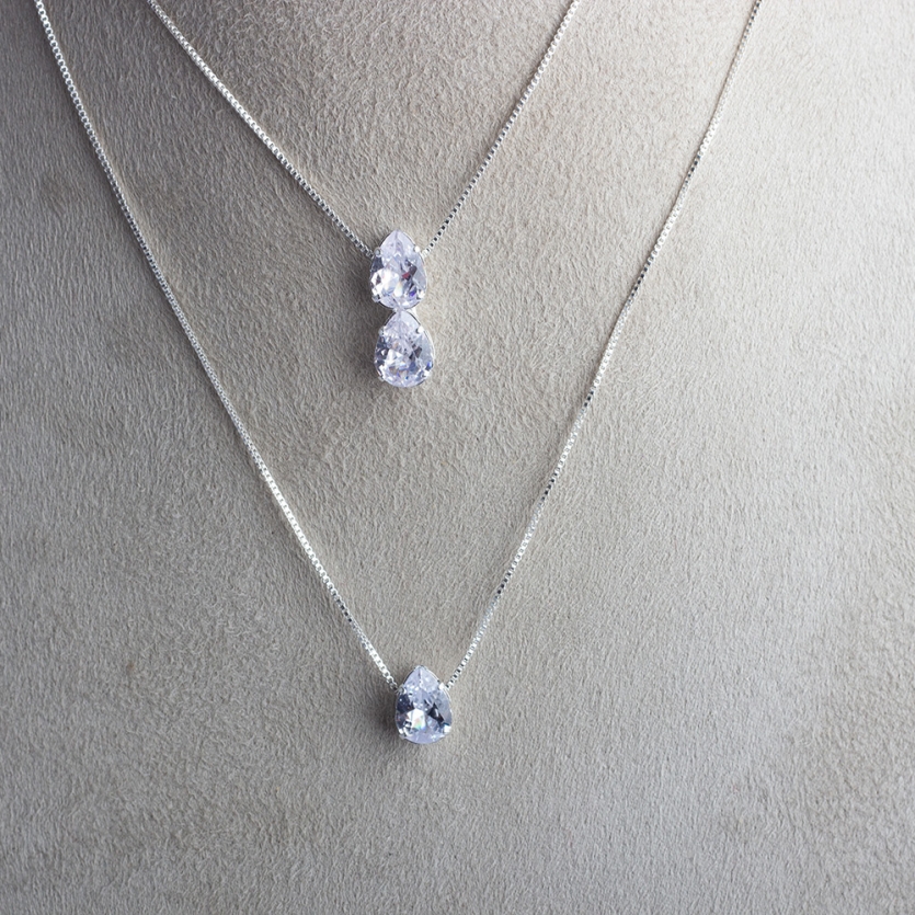 Colar Duplo 3 Gotas Cristal Prata Lorena